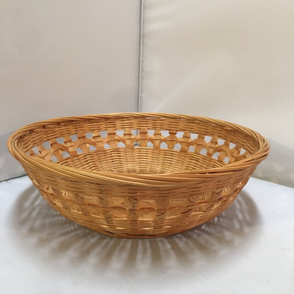 Woven Wicker Basket 8.5in Tan Round Lattice Boho Decor Cottagecore Beach Coastal